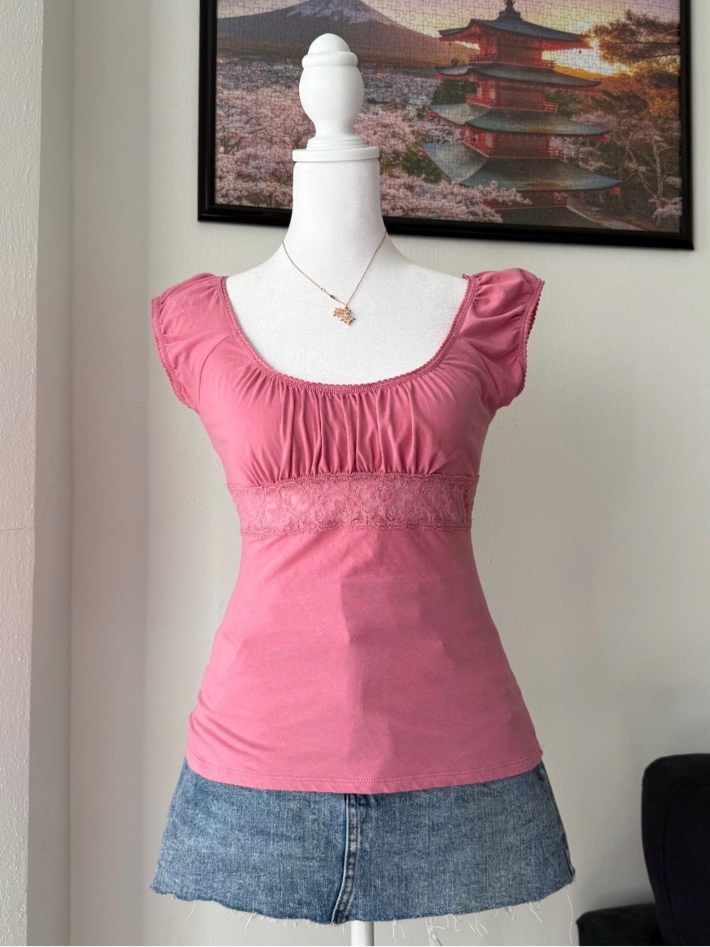 Express Rose Pink Scoop Neck Lace-Trim babydoll style tank
